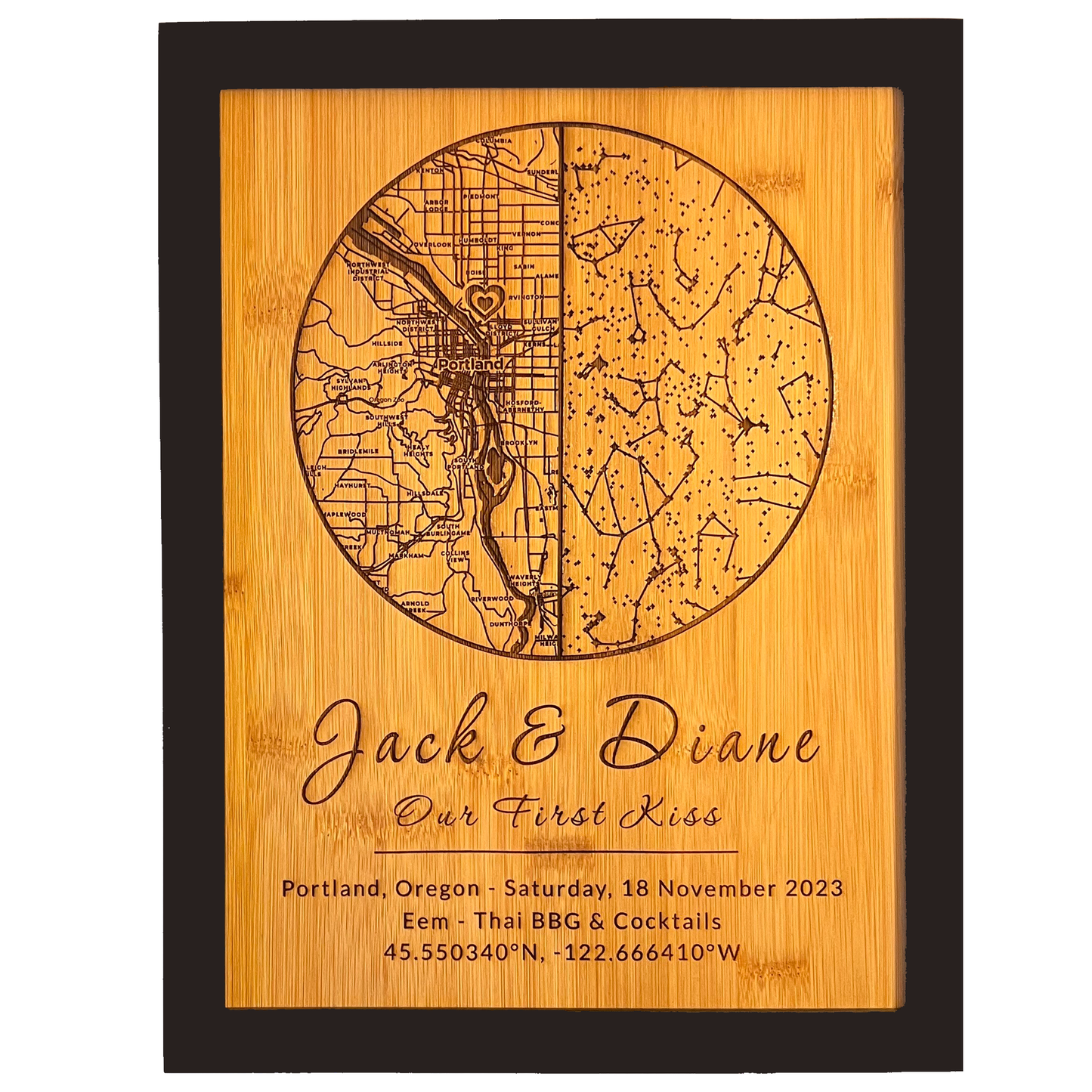 Custom Star Map & Custom City Map Combo - Perfect Gift For Special Occasions, First Kiss, First Date, Weddings and more! Engraved On Beautiful Bamboo!