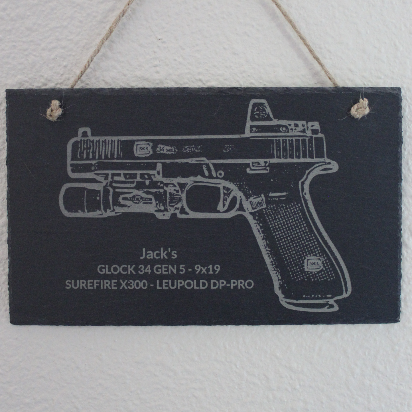 Hand Sketched And Personalized Image of Your Firearm On Hanging Slate Plaque - Upload a Photo of Your Firearm To Be Engraved - Perfect for Gun Lovers, Birthdays, Fathers Day Or Special Occasions