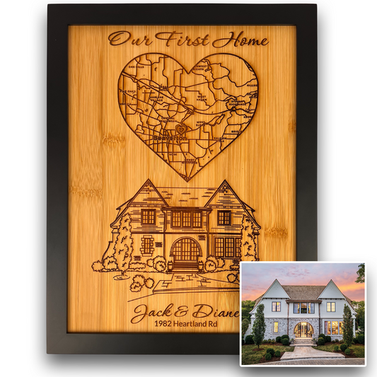 Custom House Drawing and Map - Home Portrait - Real Estate Gift - Realtor Closing Gift - Housewarming Gift - Hand Drawn and Engraved on Beautiful Bamboo